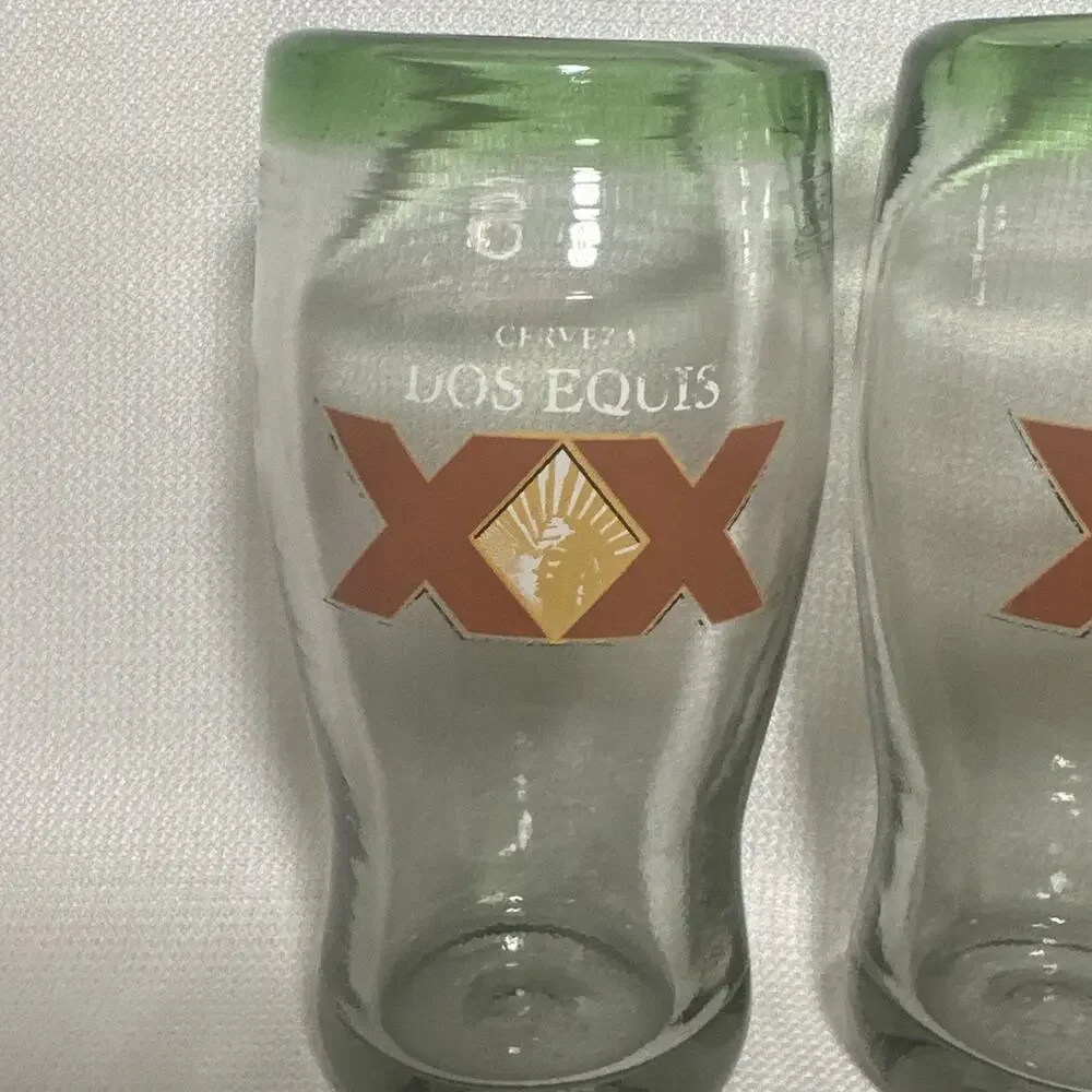 Dos Equis XX Hand Blown Beer Glasses Heavyweight Thick Bubbles Green Rim Set 4